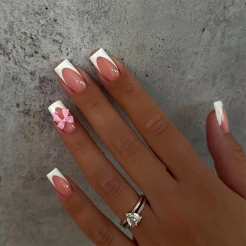 White White French Press on Nails 3D Bowknot Fake Nails  - 2