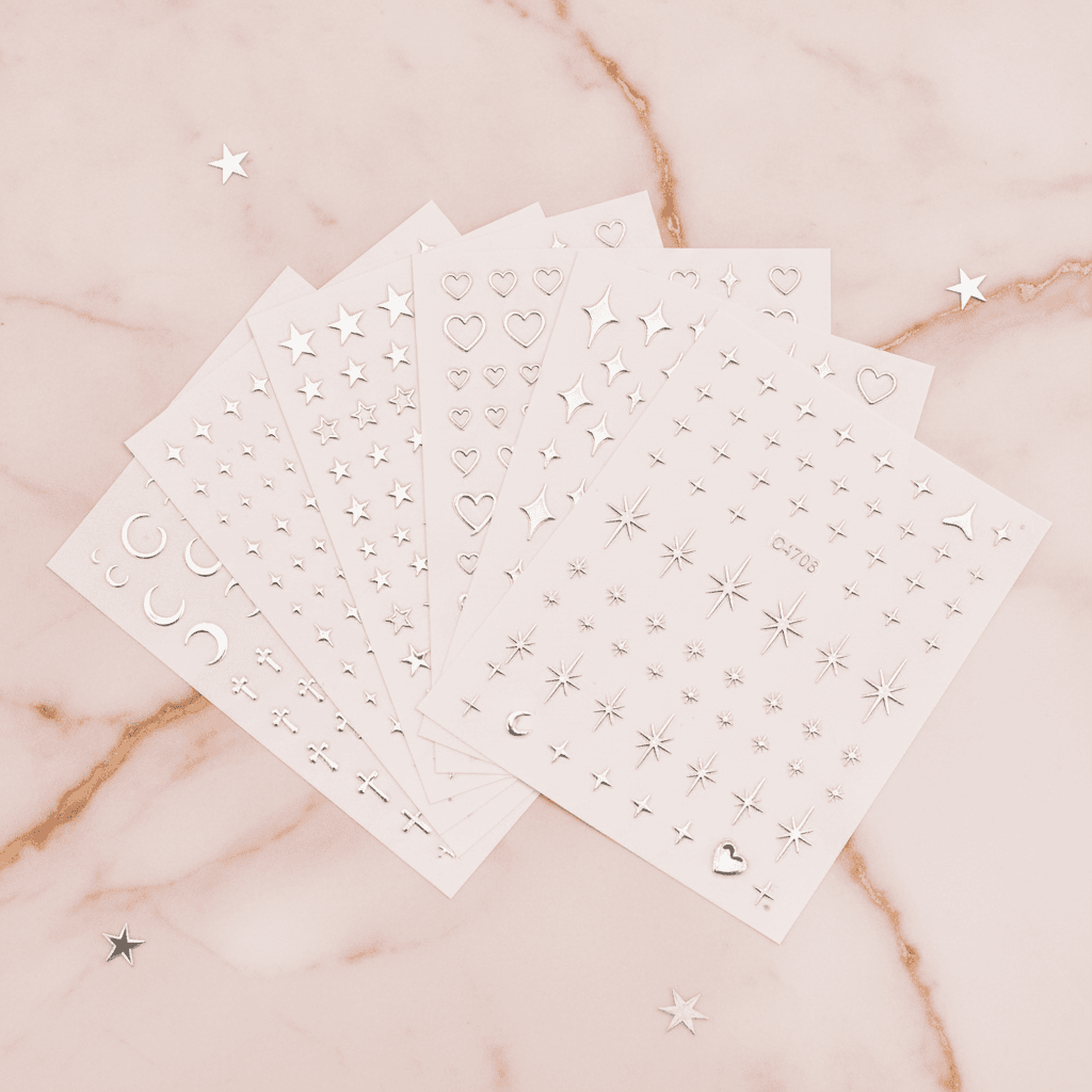 Stickers Ongles Métalliques 3D - Étoiles & Cœurs (6 Feuilles)